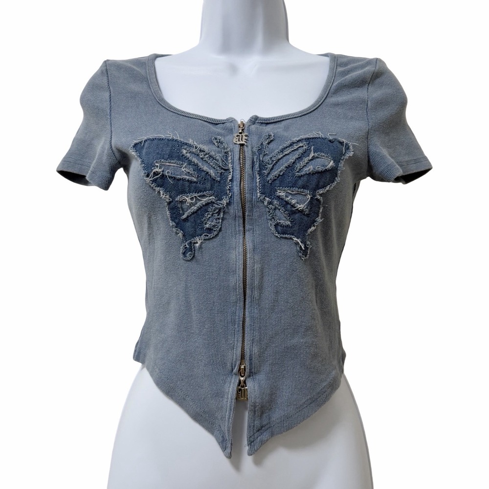 Womens Butterfly Embroidered Ribbed Zip Front Crop Top‎ Size M Blue Fairy Y2K